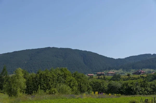 Сцена с горной вершиной, лесом, поляной и жилым районом болгарского села Бели Искар, гора Рила — стоковое фото