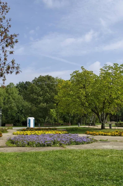 Beliebter Nordpark zum Ausruhen mit herbstlichem alten Wald, Holzbank und Blumengarten im Bezirk Vrabnitsa — Stockfoto