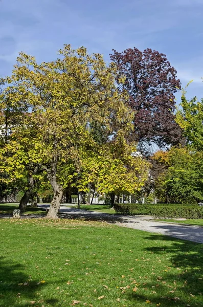 Parque Popular Para Descansar Caminhar Com Folhagem Amarela Vermelha Outonal — Fotografia de Stock