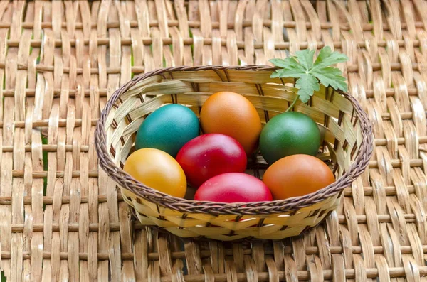 Closeup Paint Easter Eggs Basket Wicker Table Sofia Bulgaria — Stock Photo, Image