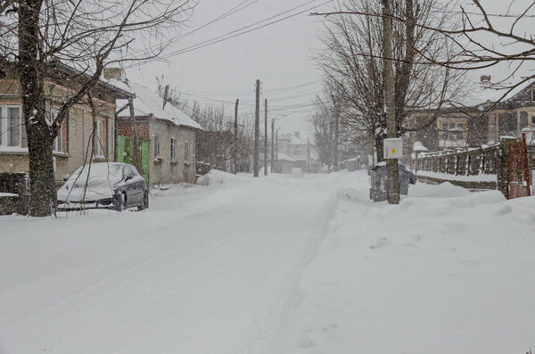 Majestic view of residential district with heavy snowfall in winter, Zavet, Bulgaria
