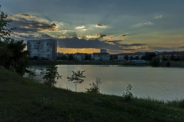 Panorama Des Lacs Quartier Résidentiel Drujba Skyline Coucher Soleil Sofia — Photo