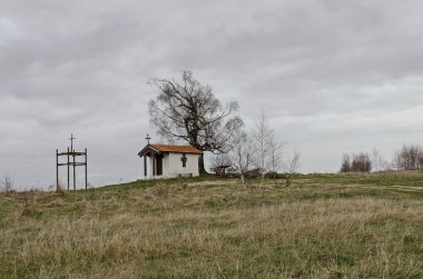 Bahar saygıdeğer huş ağacı ve eski şapeli, güzel manzara bulunan Plana mountain, Bulgaria 