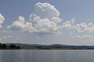 General view of the artificial Vlasina mountain lake surrounded by a pine tree forest in summer, Southeastern Serbia, Europe