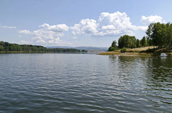 Celkový Pohled Umělé Horské Jezero Vlasina Obklopené Borovým Lesem Létě — Stock fotografie