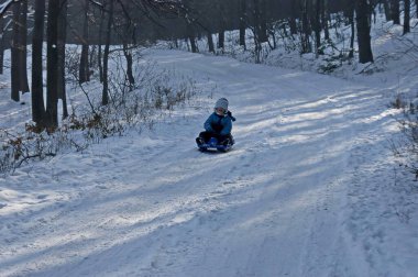 Vitosha Dağı, Bulgaristan - 08 Ocak 2011: Bulgaristan 'ın karlı Vitosha Dağı' nda kızaklı kış ormanı, yol ve çocuk manzarası. Ziyaret yerinde.. 