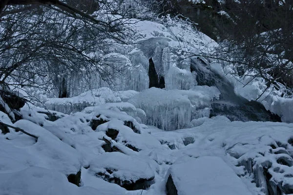 Vista Cerca Parte Cascada Congelada Cascada Del Río Dragalevska Cerca —  Fotos de Stock