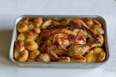 İştah açıcı porsiyon kızarmış tavuk ile lezzetli kızarmış patates, Sofya, Bulgaristan 