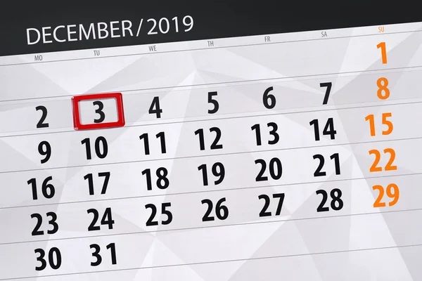 Kalendář plánovač na měsíc prosinec 2019, termín den, 3, t — Stock fotografie