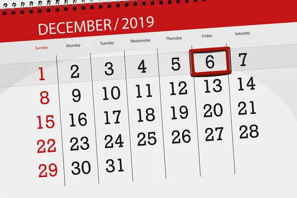 Calendário planejador para o mês dezembro 2019, data limite, 6, f — Fotografia de Stock