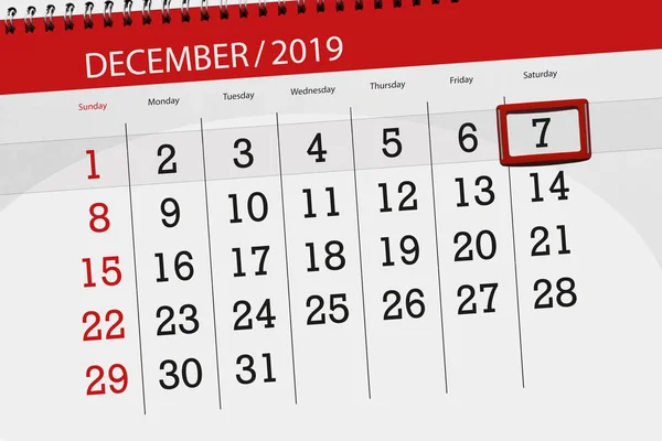 Планувальник календаря за місяць, грудень 2019 року, кінцевий день, 7, с — стокове фото