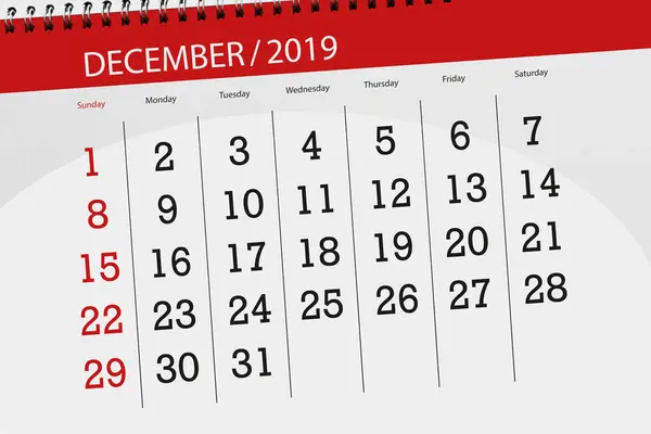 Planer kalendarza na miesiąc grudzień 2019, dzień ostateczny — Zdjęcie stockowe