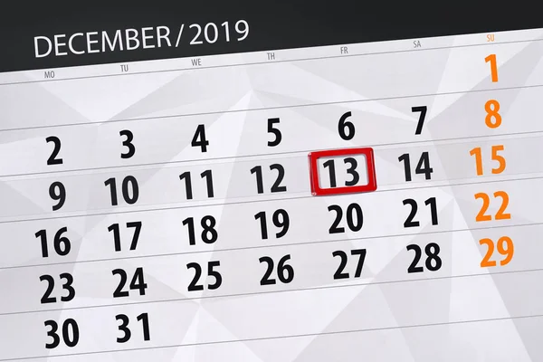 Calendar planner for the month december 2019, deadline day, 13, — Stock Photo, Image