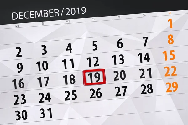 Planificador de calendario para el mes de diciembre de 2019, fecha límite, 19 , — Foto de Stock