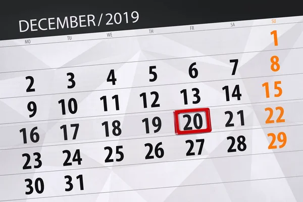 Планировщик календаря на декабрь 2019, крайний срок, 20 , — стоковое фото