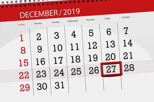 Calendar planner for the month december 2019, deadline day, 27, — Stock Photo, Image
