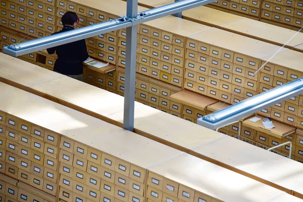 Bibliotecario entre gabinetes de madera con un archivador en la libra —  Fotos de Stock