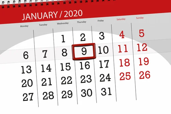 2020年1月1日日历计划,截止日期,第9天 — 图库照片