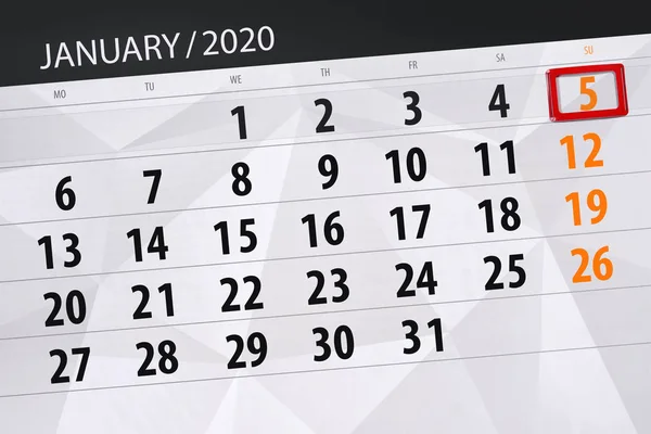 한월 2020 년 1 월 달력 플래너, 마감 일 , su 5 — 스톡 사진