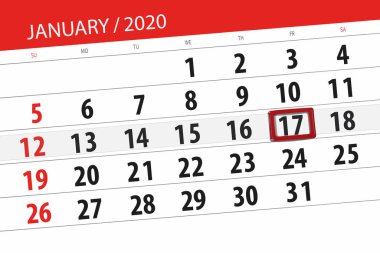 Ayın takvim planlayıcısı Ocak 2020, son gün, 17, f