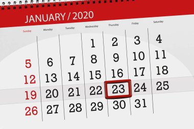 Ayın takvim planlayıcısı Ocak 2020, son gün, 23, t
