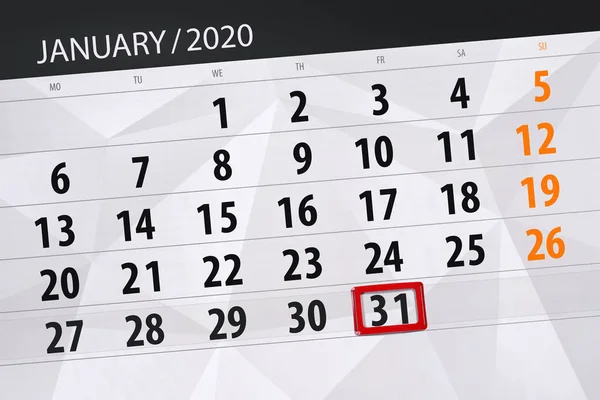 Calendar planner for the month january 2020, deadline day, 31, f — 스톡 사진