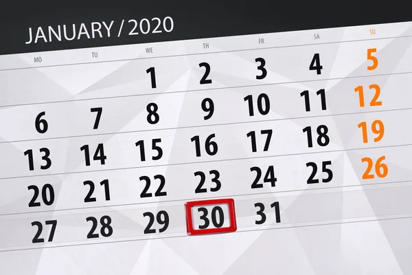 Calendar planner for the month january 2020, deadline day, 30, t — 스톡 사진