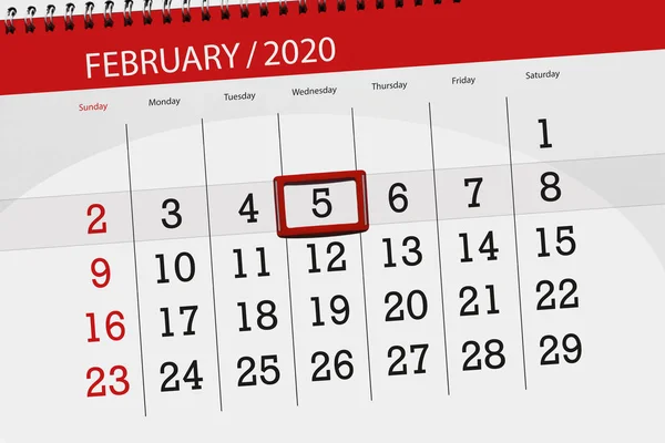 Calendar planner for the month february 2020, deadline day, 5, w — ストック写真