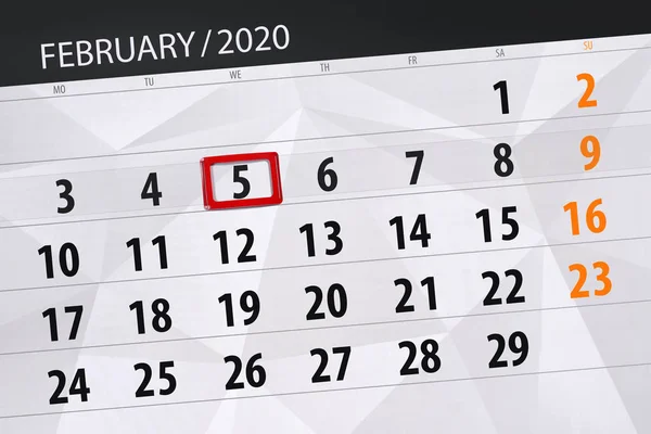 Calendário planejador para o mês de fevereiro 2020, data limite, 5, w — Fotografia de Stock
