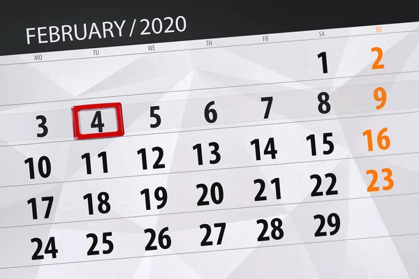 Calendar planner for the month february 2020, deadline day, 4, t — Stock Photo, Image