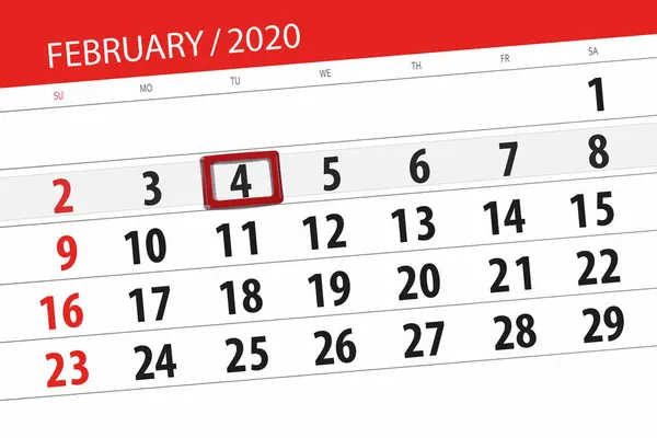Planificador de calendario para el mes de febrero de 2020, fecha límite, 4, t — Foto de Stock