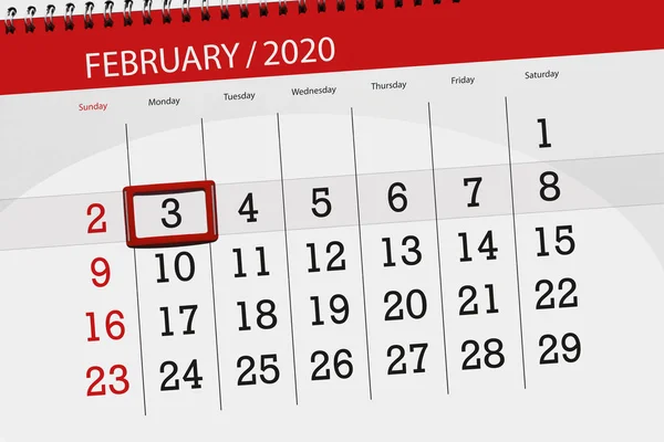 Calendar planner for the month february 2020, deadline day, 3, m — ストック写真