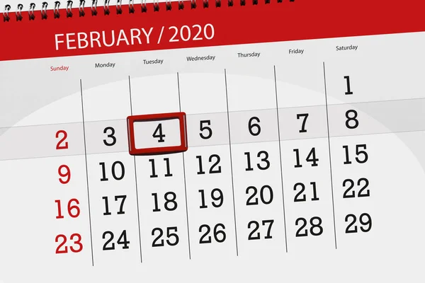 Kalender planerare för månaden februari 2020, deadline dag, 4, t — Stockfoto