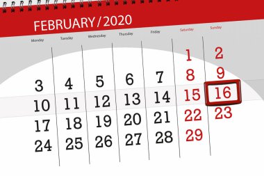 Ayın takvim planlayıcısı Şubat 2020, son gün, 16, 