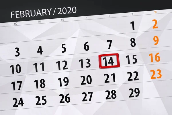 Calendário planejador para o mês de fevereiro 2020, data limite, 14 , — Fotografia de Stock