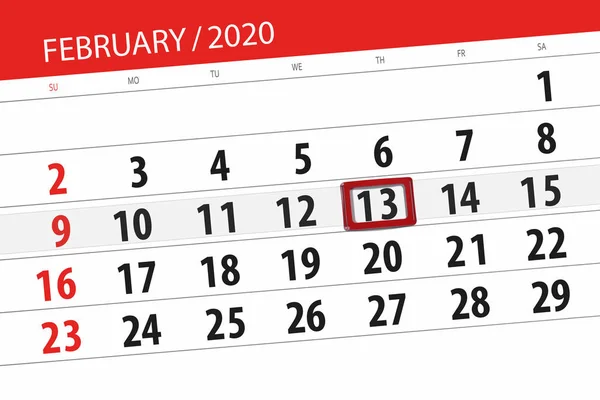 Planificador de calendario para el mes de febrero de 2020, fecha límite, 13 , — Foto de Stock