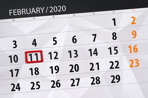 Calendário planejador para o mês de fevereiro de 2020, data limite, 11 , — Fotografia de Stock