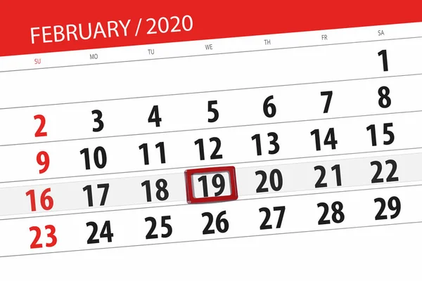 Planificador de calendario para el mes de febrero de 2020, fecha límite, 19 , — Foto de Stock