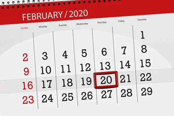 2020年2月20日截止日的日历计划, — 图库照片