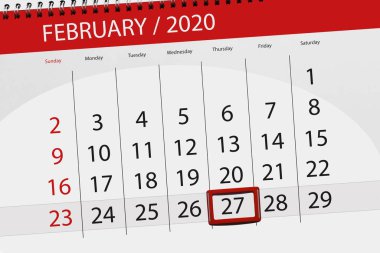 Ayın takvim planlayıcısı Şubat 2020, son gün, 27, 