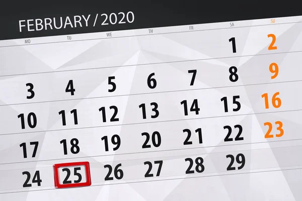 Calendário planejador para o mês de fevereiro 2020, data limite, 25 , — Fotografia de Stock