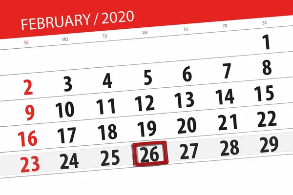 Planificador de calendario para el mes de febrero de 2020, fecha límite, 26 , — Foto de Stock
