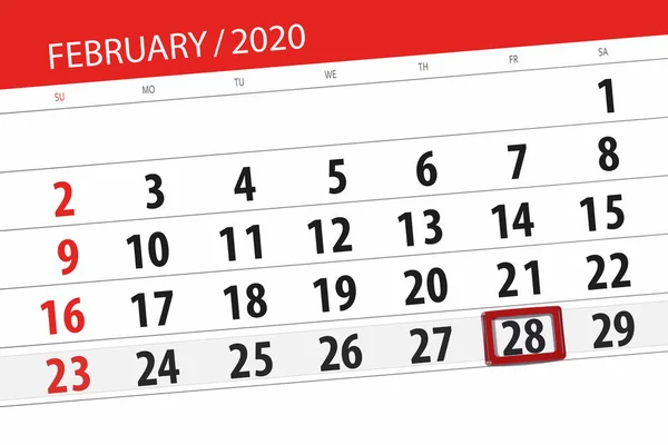 Planificador de calendario para el mes de febrero de 2020, fecha límite, 28 , — Foto de Stock