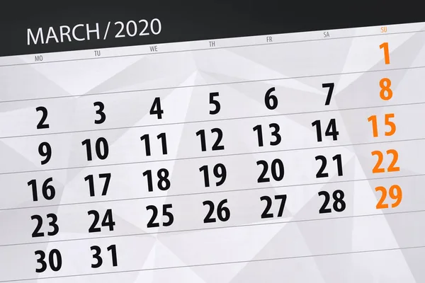 Calendar planner for the month march 2020, deadline day — Stockfoto