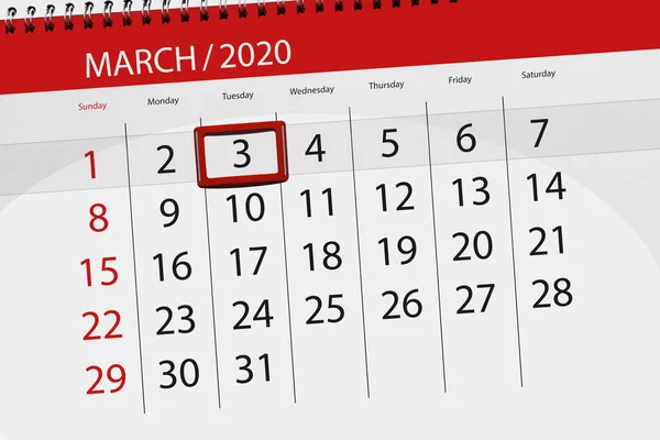 Calendar planner for the month march 2020, deadline day, 3, tues — 图库照片