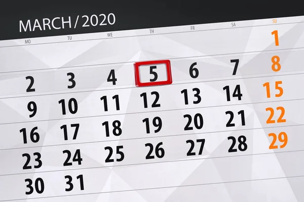 Kalendář plánovač pro měsíc březen 2020, termín den, 5, thur — Stock fotografie