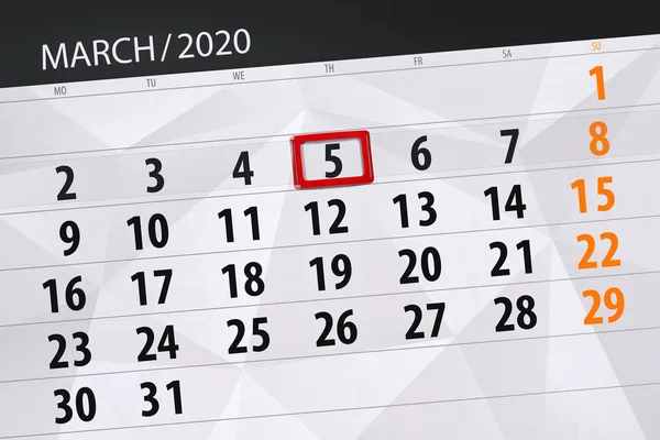 Kalenderblatt für den Monat März 2020, Deadline ist der 5. Dezember — Stockfoto