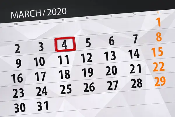 Calendar planner for the month march 2020, deadline day, 4, wedn — 스톡 사진