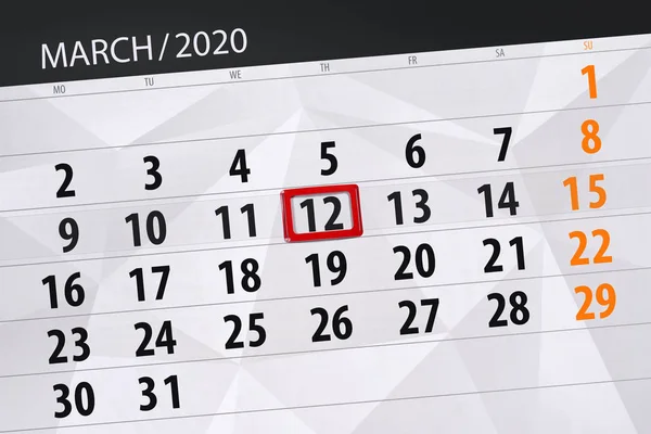 Kalendář plánovač pro měsíc březen 2020, termín den, 12, thu — Stock fotografie