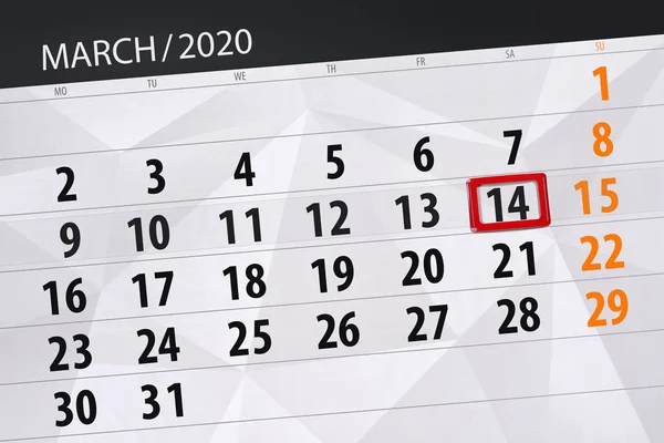 Kalendář plánovač na měsíc březen 2020, termín den, 14, sat — Stock fotografie